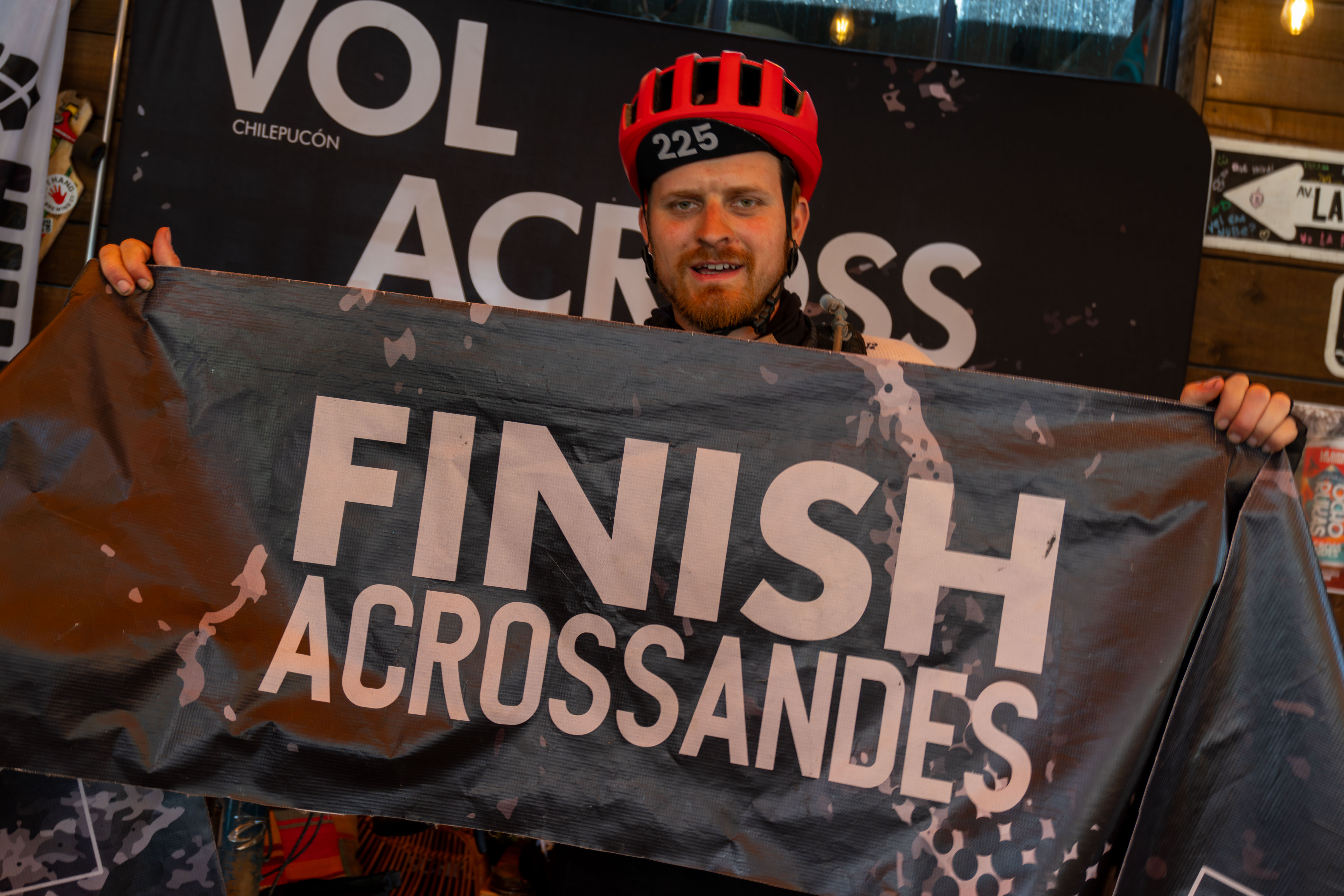 Oscar Huckle at the finish line of Across Andes 2025
