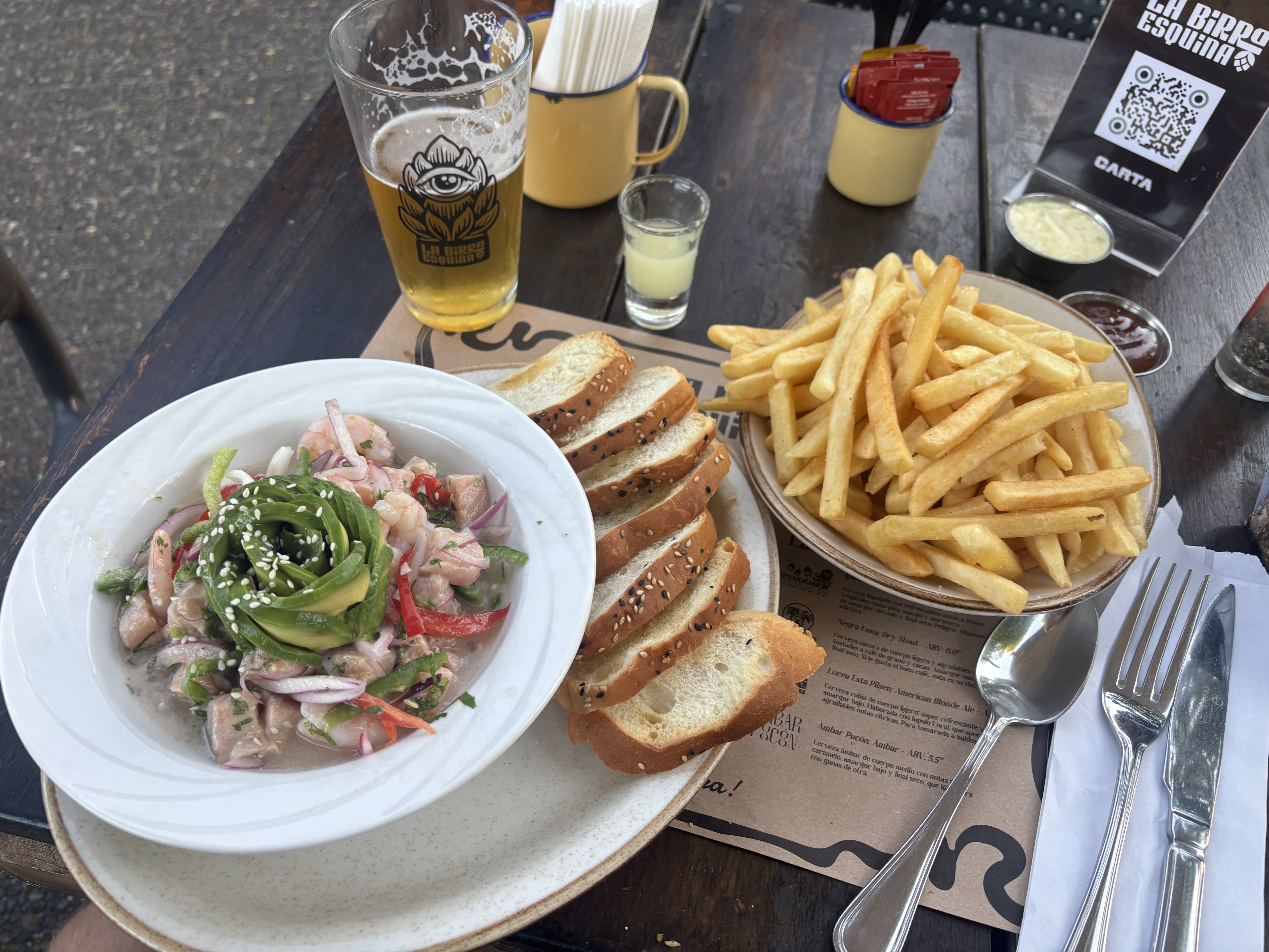 Ceviche and chips on a table