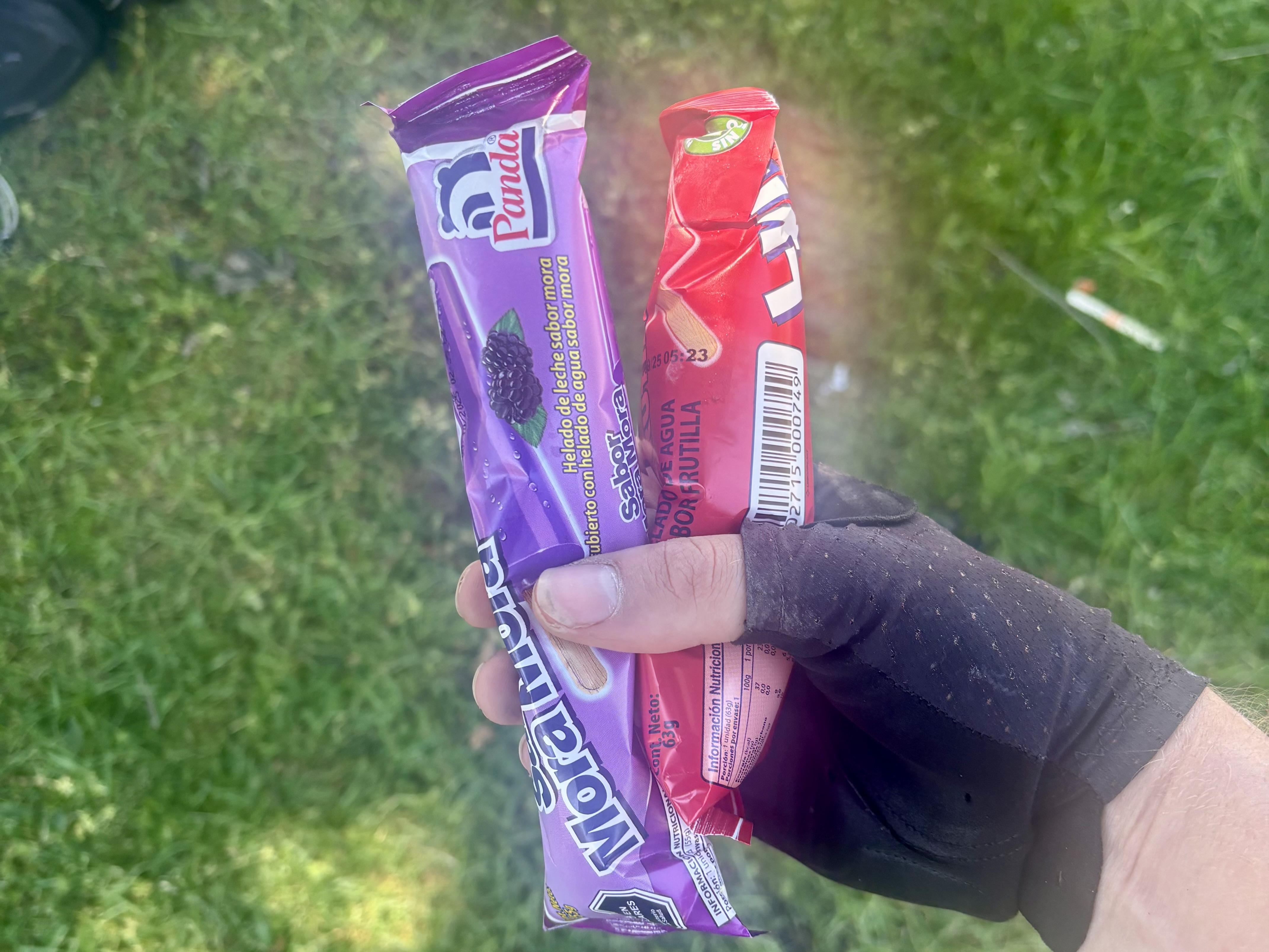 A hand holding two ice creams.